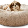Western Home Donut Pet Bed Calming Dog Bed - Washable Fluffy Plush Puppy Cat Bed with Anti-Slip Bottom, Round Cuddler Pet Bed for Large Medium Small Dogs and Cats, Brown 50cm