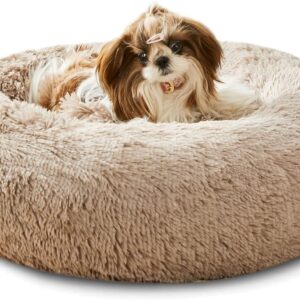 Western Home Donut Pet Bed Calming Dog Bed - Washable Fluffy Plush Puppy Cat Bed with Anti-Slip Bottom, Round Cuddler Pet Bed for Large Medium Small Dogs and Cats, Brown 50cm