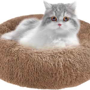 Whome Cat Beds for Indoor Cats and Kitten，Comfortable Pet Bedding & Furniture,Large Calming Donut Puppy Bed，Ideal for Small Pets, Relieves Cat Anxiety，Washable, Fluffy,（50CM * 50CM, XS，Brown