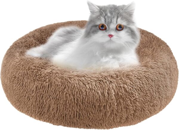 Whome Cat Beds for Indoor Cats and Kitten，Comfortable Pet Bedding & Furniture,Large Calming Donut Puppy Bed，Ideal for Small Pets, Relieves Cat Anxiety，Washable, Fluffy,（50CM * 50CM, XS，Brown