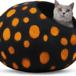 Woolygon Wool Cat Cave Bed Handcrafted from 100% Merino Wool, Eco-Friendly Felt Cat Cave for Indoor Cats and Kittens (Yellow/Black Dots)