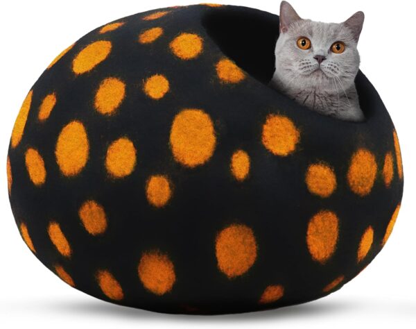 Woolygon Wool Cat Cave Bed Handcrafted from 100% Merino Wool, Eco-Friendly Felt Cat Cave for Indoor Cats and Kittens (Yellow/Black Dots)