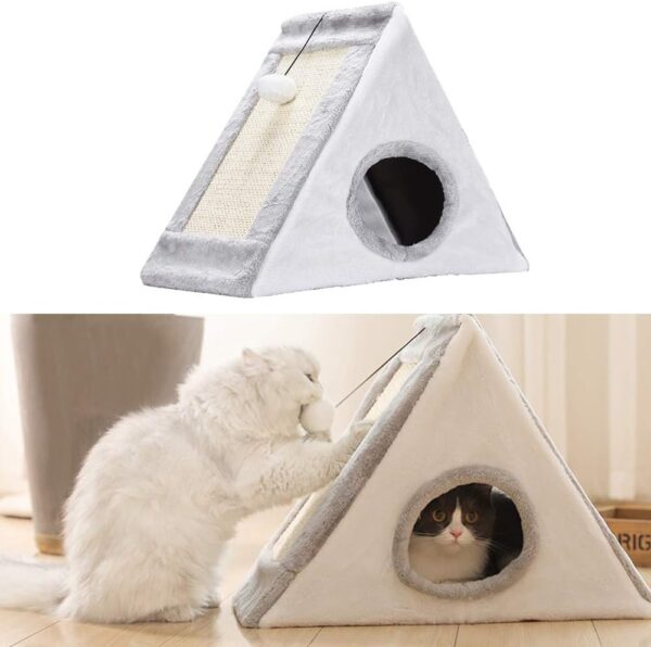 XianghuangTechnology 2-in-1 Cat Cave Bed with Scratching Post Triangular Cat Cave,Fully Collapsible Cat House/Caves Condo Indoor/Outdoor (Gray)