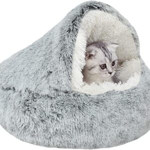 YAGE Calming Cat Bed Fluffy Plush Kitten Bed under 7kg, Washable Anti Anxiety Puppy Bed,Pet Bed for Indoor Cats Small Dog, Soft Warm Donut Cat Sleeping Bag.Patent No.: 6242416(M-50cm, Grey)