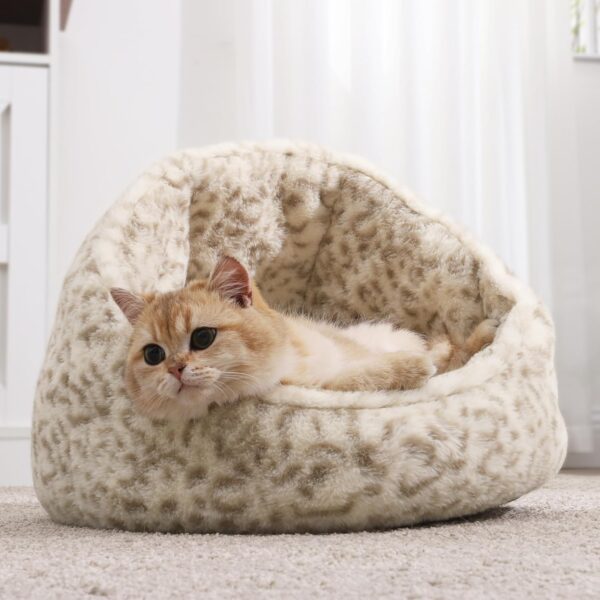 YITAHOME Cat Beds Fluffy Cat Bed Pet Bed for Indoor Cats, Washable Non-Slip Cat Nest, Cat Nesting Bed, with Removable Washable Cushion Pillow, Kitten Bed, Cat Sofa Bed, 43x41x35cm (White Light Brown)