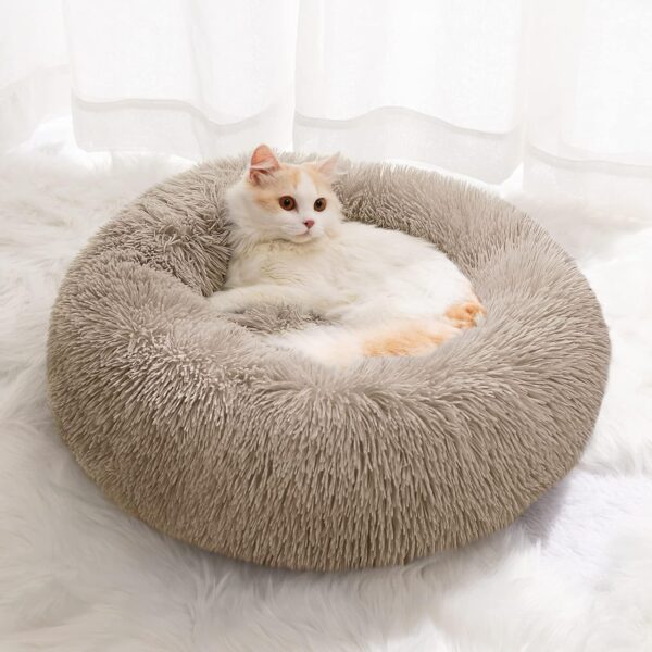 YOJOGEE Small Cat Bed for Indoor Cats, Self-Warming Donut Kitty Bed for Small Cats Keeping Warm, Washable Pet bed with Anti Slip Base, Khaki 40cm