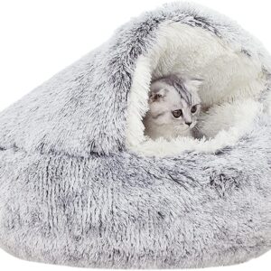 YUDANSI Cat Bed, 50cm Covered Cat Bed for indoor outdoor Cats Calming Down,Burrowing Cat Small Dog Bed with Large Hood for Anti Anxiety, Non-Slip Plush Faux Fur Nest with Ceiling Kitten Puppy Pet Bed