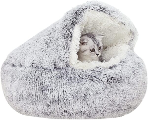 YUDANSI Cat Bed, 50cm Covered Cat Bed for indoor outdoor Cats Calming Down,Burrowing Cat Small Dog Bed with Large Hood for Anti Anxiety, Non-Slip Plush Faux Fur Nest with Ceiling Kitten Puppy Pet Bed