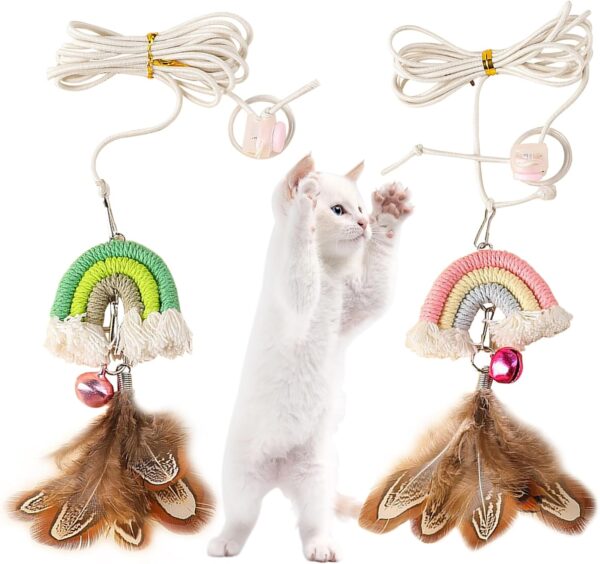 YUDANSI Cat Feather Toy 2pack,Retractable Cat Teaser Toys, Self-Adhesive Hanging Interactive Cat Toy for Indoor Cats Kitten Play Chase Exercise Doorway, Gift for Cats Hunting Chasing to Keep Busy