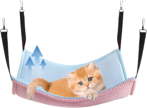 Yanmucy Cat Hammock Beds Breathable Mesh Cat Hanging Hammock Bed Summer Bilayer Pet Cage Hanging Bed for Cats Kittens Rabbits, 53x35CM (pink+blue)