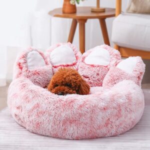 Yinghesheng Calming Anti Anxiety Pink Large Dog Bed,Washable Soft Warm Plush Cat Pet Cushion, Bear Paw Shape Pet Improved Sleeping Non Slip Bottom Kitten Bed, Pink,90cm