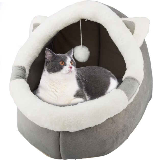 ZNewYear Cat Beds for Indoor with Hanging toy, Small Dog Cave Bed with Anti-Slip, Kitten Tent House Removable Cushioned Pillow, Super Soft Calming Pet Sofa Mats Ideal for Cats and Puppy or Rabbit