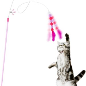 cobee Cat Feather Toys, Soft Cat Wand Toy with Bell Pompom Cat Wand Interactive Cat Toy Training Toys Cat Teaser Toy for Indoor kitten