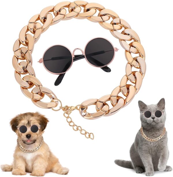 cobee Cat Sunglasses, Retro Kitten Sunglass with Rose Gold Chain Eye UV Protection Classic Small Cat Glasses Cosplay Costume for Photo Props Cute Pet Decorations for Birthday Party