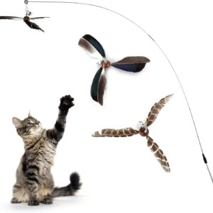 cobee Cat Wand Toys, Interactive Cat Toys with 2 Feather Refills, Cat Feather Propeller Wand Toy with Bell, Cat Feather Toys Replacement Refills, Indoor Cat String Toy for Kitten Training(Piebald)