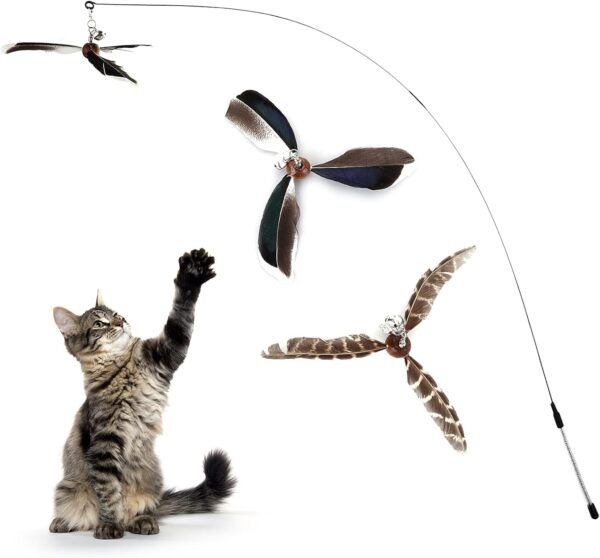 cobee Cat Wand Toys, Interactive Cat Toys with 2 Feather Refills, Cat Feather Propeller Wand Toy with Bell, Cat Feather Toys Replacement Refills, Indoor Cat String Toy for Kitten Training(Piebald)