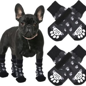 cobee Dog Socks, 4 Pcs Non-Slip Pet Paw Protector with Adjustable Straps for Indoor Outdoor Wear Winter Puppy Socks with Grips Traction Control for Small/Medium Dog Cold Weather Socks(L Size, Black)