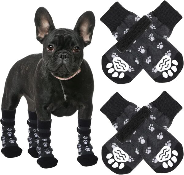 cobee Dog Socks, 4 Pcs Non-Slip Pet Paw Protector with Adjustable Straps for Indoor Outdoor Wear Winter Puppy Socks with Grips Traction Control for Small/Medium Dog Cold Weather Socks(L Size, Black)