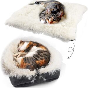 onebarleycorn Cat Bed for Indoor Cats, Soft Cat Bed Self Warming Kitten Bed Fluffy Cat Cushion Bed 2 in 1 Foldable Mat For Kitten Cat, Machine Washable