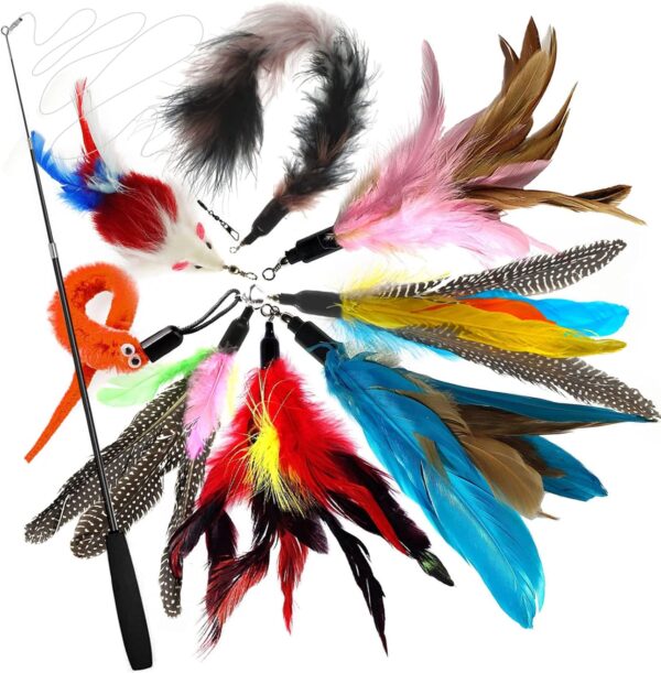 onebarleycorn Cat Feather Toys,Cat Toy Feathers for Indoor Cats Kitten Interactive Toys Retractable Cat Teaser Wand with 8 Refills