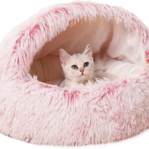 qing yun Cat Cave Bed,Fluffy Cat Hideaway Sleeping Bag,Cozy Plush Warm Pet Dog Cave Bed Anxiety Relief Cat Igloo Bed for Indoor Cats (35cm,Pink)