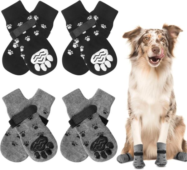 saerryor 4 Pairs Anti Slip Dog Socks, Dog Cat Paw Protectors with Adjustable Straps, Paws Stop Licking Boots for Pet Puppy Dog Indoor Outdoor Hardwood Floor Walking(L)