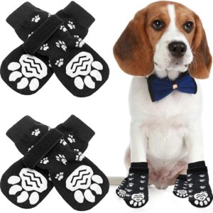 Dog Socks, 2 Pairs Anti Slip Dog Socks Paws Stop Licking Adjustable Pet Cats Dog Paw Protector Black Dog Shoes Boots for Indoor Outdoor Walking Small Medium Large Dogs (Small)