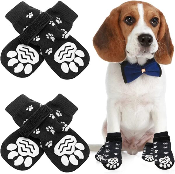 Dog Socks, 2 Pairs Anti Slip Dog Socks Paws Stop Licking Adjustable Pet Cats Dog Paw Protector Black Dog Shoes Boots for Indoor Outdoor Walking Small Medium Large Dogs (Medium)