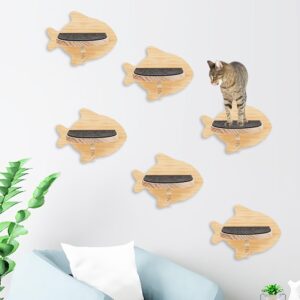 kathson 6 Pcs Cat Wall Mounted Shelves Cat Wall Steps Shelves Wood Cat Climbing Shelves Cat Stairs with Non Slip Felt Cat Ladder Cat Wall Bed Cat Perch for Springboard Playing（Fish Shape）