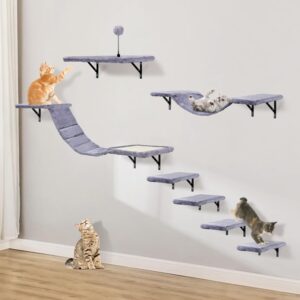 Wall-Mounted Cat Climber Set with Climbing Shelves, Perches, Bridge,Hammock,Scratching Board & Ball - 7 Pcs Wood Indoor Cat Furniture for Kittens Play (Grey)