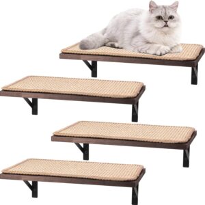 4 Pcs Cat Activity Wall Shelves Cat Wall Shelves with Scratching Mat Wooden Wall Mounted Cat Climbing Steps Floating Cat Wall Shelf Cat Climbing Steps for Lounging Climbing Playing Sleeping Perching