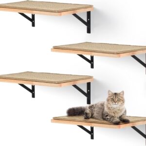 4 Pcs Cat Wall Shelves Wooden Cat Perches with Mat Indoor Kitten Activity Wall Furniture Cats Wall Mounted Climbing Steps for Lounging Climbing Playing Scratching Sleeping Perching