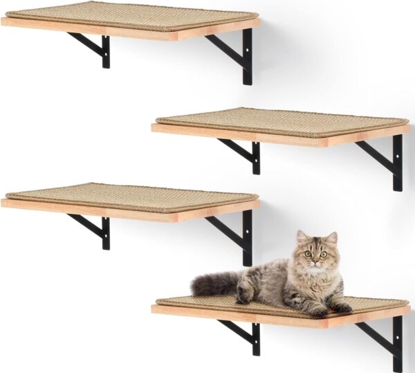 4 Pcs Cat Wall Shelves Wooden Cat Perches with Mat Indoor Kitten Activity Wall Furniture Cats Wall Mounted Climbing Steps for Lounging Climbing Playing Scratching Sleeping Perching