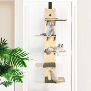 5-Levels Door Hanging Cat Climber, Door-Mounted Vertical Cat Tree Tower with Full Carpeted Plank & Cat Scratching Post, Versatile Over The Door Cat Climber, Indoor Cat Climbing Furniture