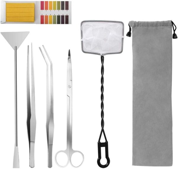 6 in 1 Aquatic Plant Aquascaping Tool Stainless Steel Silver Tweezers Scissors Spatula for Fish Tank Clean Aquascape Tools Sets with Fishing net, 80p PH Paper(Silver)