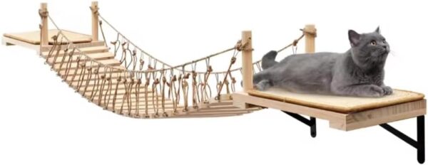 A.FATI Wall-Mounted Cat Roped Bridge, Cat Brideg Long for Indoor Cats, Wooden Cat/Kitty Bed and Perches with Sisal Scratch Mat, Cat Wall Furniture for Sleeping, Playing, Climbing, Cat Wall Shelves