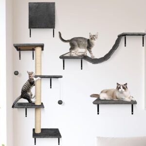 Almcmy Wall Mounted Cat Furniture, 4 PCS Wood Cat Wall Shelves Cat Climber, Floating Cat Perch, Bridge, Cat Tree, Cat House, Indoor Cat Wall Playground for Sleeping Playing Climbing, Grey