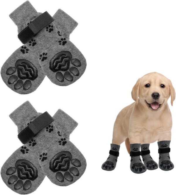 Anti-Slip Dog Socks, 2 Pairs Soft Elastic Adjustable Strap Dog Boot for Indoor Outdoor Walking Detachable Dog Paw Protectors Medical Suit (Grey)