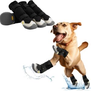 Anti-slip Dog Boot with Reflective Straps 4 Pcs Adjustable Waterproof Wear-resistant Leather Rubber High Dog Wellies for Medium Dogs Indoor Outdoor (Black)