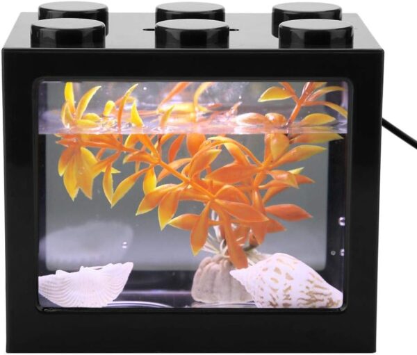 Aquarium Fish Tank Decorative Mini Aquarium USB LED Light Lamp Fish Tank Desktop Lamp Fish Tank for Box Office Tea Table Decor(Black)