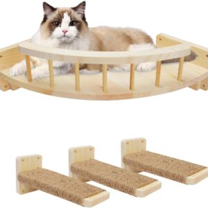 Arquiel Cat Wall Shelves, Cat Shelves and Perches for Wall, Wood Cat Hammock Wall Mounted, Cat Wall Furniture Cat Climbing Shelf with 3 Steps for Climbing Sleeping Playing and Lounging