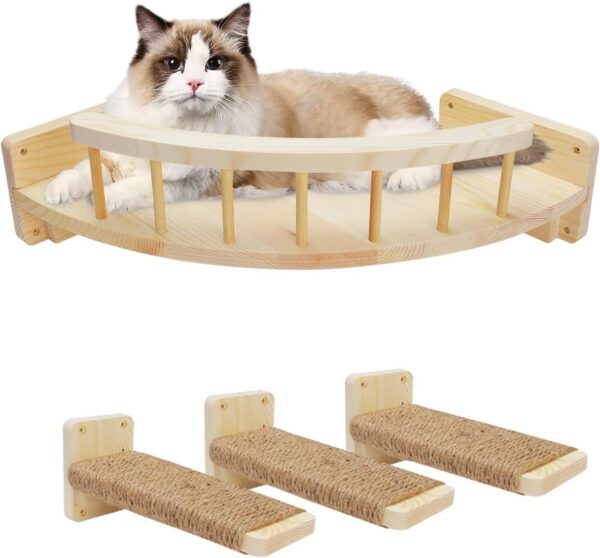 Arquiel Cat Wall Shelves, Cat Shelves and Perches for Wall, Wood Cat Hammock Wall Mounted, Cat Wall Furniture Cat Climbing Shelf with 3 Steps for Climbing Sleeping Playing and Lounging