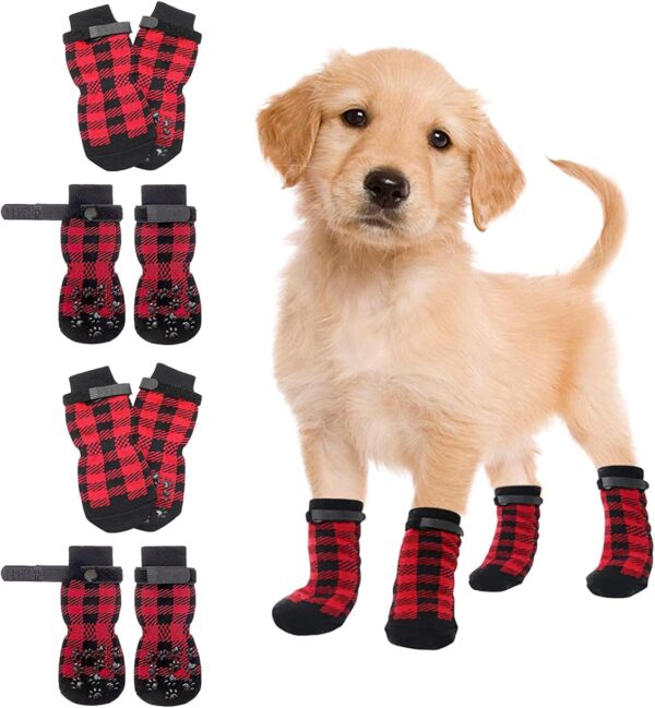 BDSHUNBF 4 Pairs Anti Slip Dog Socks Paws Stop Licking, Protector Dog Boots Dog Claw Socks with Adjustable Strap, Dog Paw Protector Great Traction Control for Indoor Outdoor Hardwood Floor Walking