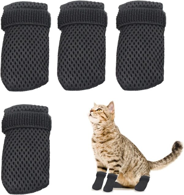 Bekecidi 4 PCS Anti Scratch Cat Boots, Adjustable Cat Claw Covers Anti Slip Small Dog Socks Mesh Cat Mittens Dog Shoes Cat Paw Protector for Cutting Nails Pet Bathing (Black)