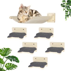 Cat Hammock Cat Wall Shelves with 5 Steps, Cat Shelves and Perches for Wall, Cat Wall Furniture Cat Climbing Shelf, Cat Scratching Post for Indoor with Plush Covered, Gift for Medium/Small Cat