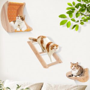 Cat Hammock Wall Mounted, 3 Pcs Wooden Cat Wall Shelves, Moon Cat Perches Cat Climbing Shelf with 3 Step, Kitten Perch Platform Cat Stairway Cat Wall Bed & Furniture for Sleeping, Playing, Climbing