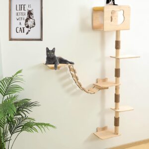 Cat Tree House with Hammock Wall Mount Cat Shelf Climbing Tall Activity Tower Solid Wood Indoor Cat Wall Furniture 75 Inch