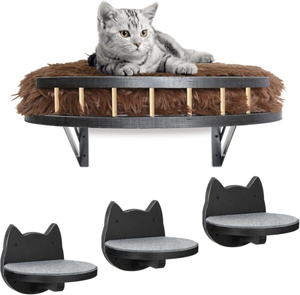 Cat Wall Furniture Set Wall Mounted, Cat Wall Shelves with Plush Cushion,3 Cat Wall Steps and Scratching Pad, Cat Shelves and Perches for Wall Fit Cat Up to 15Lbs, Cat Climbing Shelf for Indoor