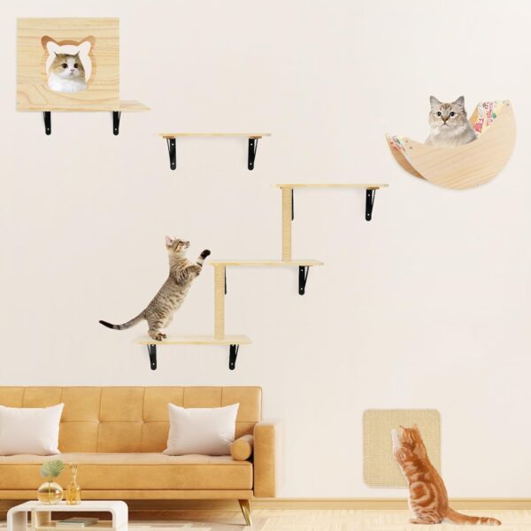 Cat Wall Shelves, 5pcs Cat Wall Furniture, Wooden Cat Wall Shelves and Cat Perch Set with Cat House, Cat Hammock, Cat Climbing Steps, Sisal Cat Scratching Post Ladder, Cat Scratcher Board Wall Mounted