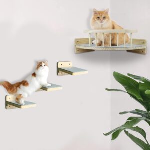 Cat Wall Shelves, Cat Hammock Cat Shelves and Perches with 3 Steps, Cat Scratch Post, Indoor Wall Mounted Cats Bed Wood Cat Climbing Shelf with Plush Covered, Scratcher Gift for Kitten